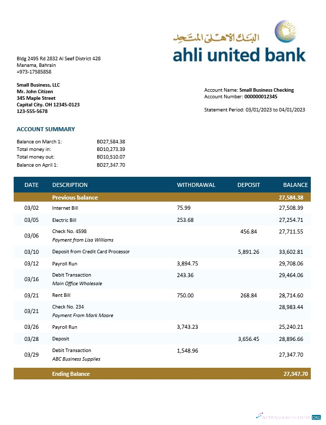 Download Ahli United Bank firm account statement Word and PDF template Photoshop template